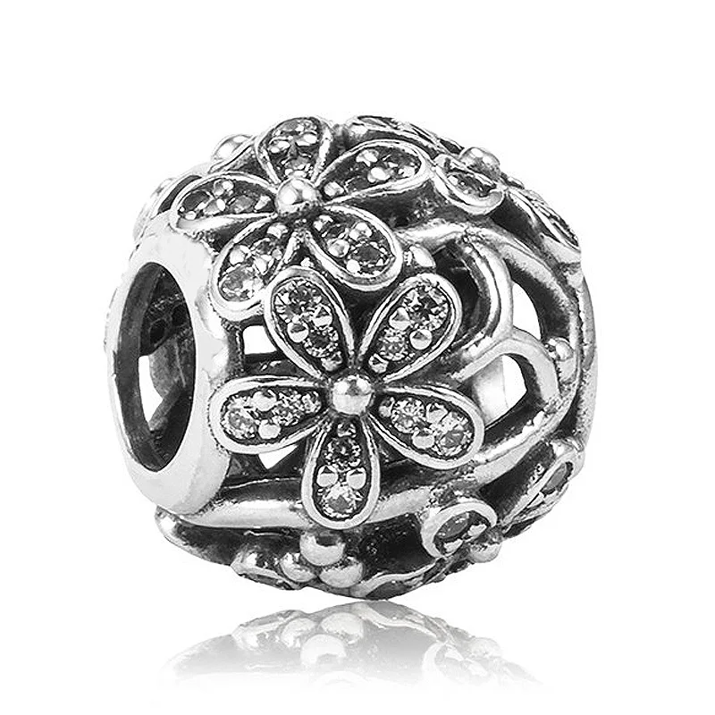 

Authentic 925 Sterling Silver Bead Charm OpenWork Daisy Flower With Crystal Bead Fit Pandora Bracelet Bangle Diy Jewelry