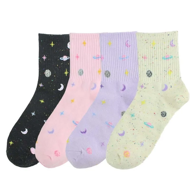 CHAOZHU/корейские модные милые носки для девочек с изображением Вселенной, вязаные женские носки из чесаного хлопка kawai, базовые носки calcetines ciorapi