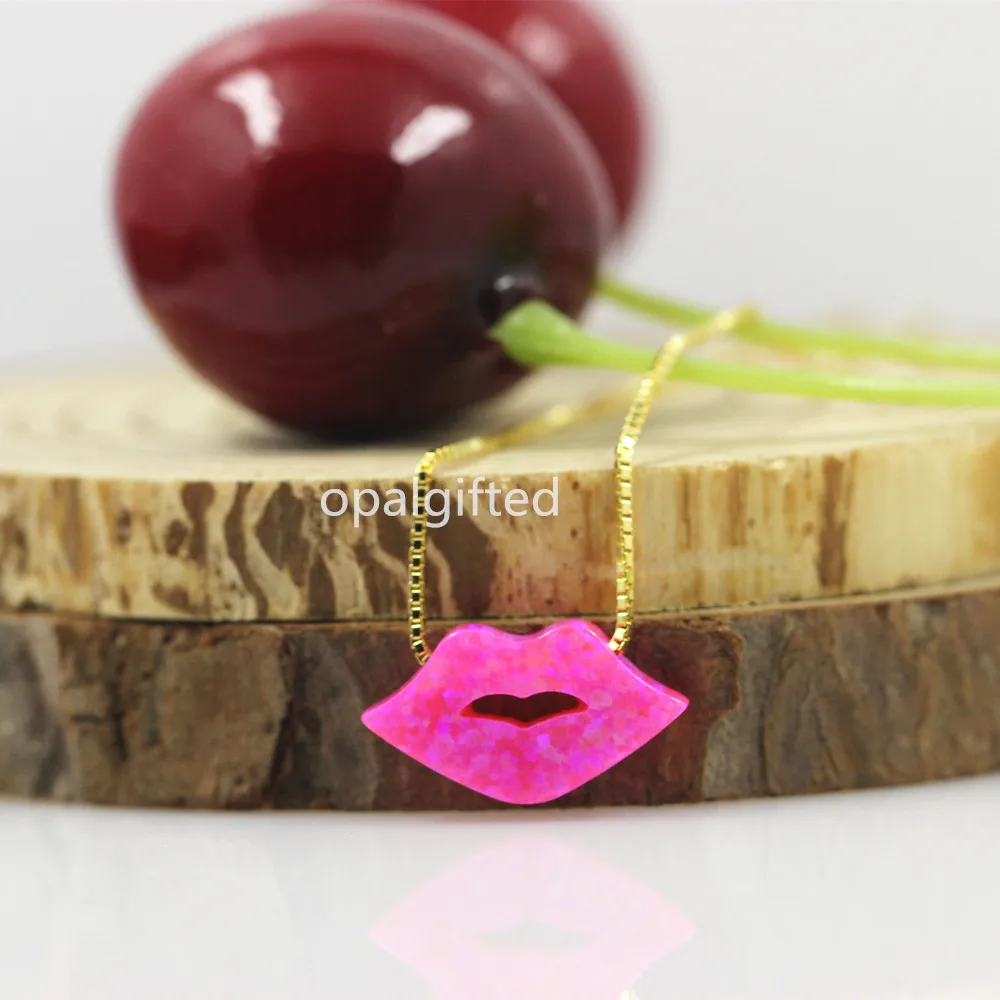 

(1pc/lot) Beautiful 15*8mm OP55 Mimosa Pink Opal Lip Necklace Love Kiss Necklace with 925 Sterling Silver Gold Chain cheap price