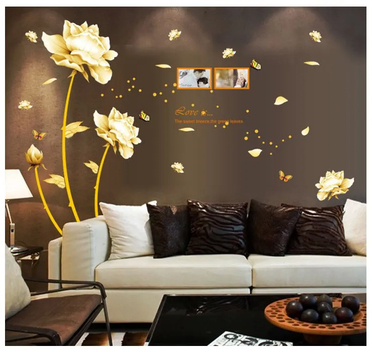 

Golden Time Riches and Honour Flowers Chinese Style DIY Wall Stickers Living Room TV/Sofa Background Mural Decal AY9188