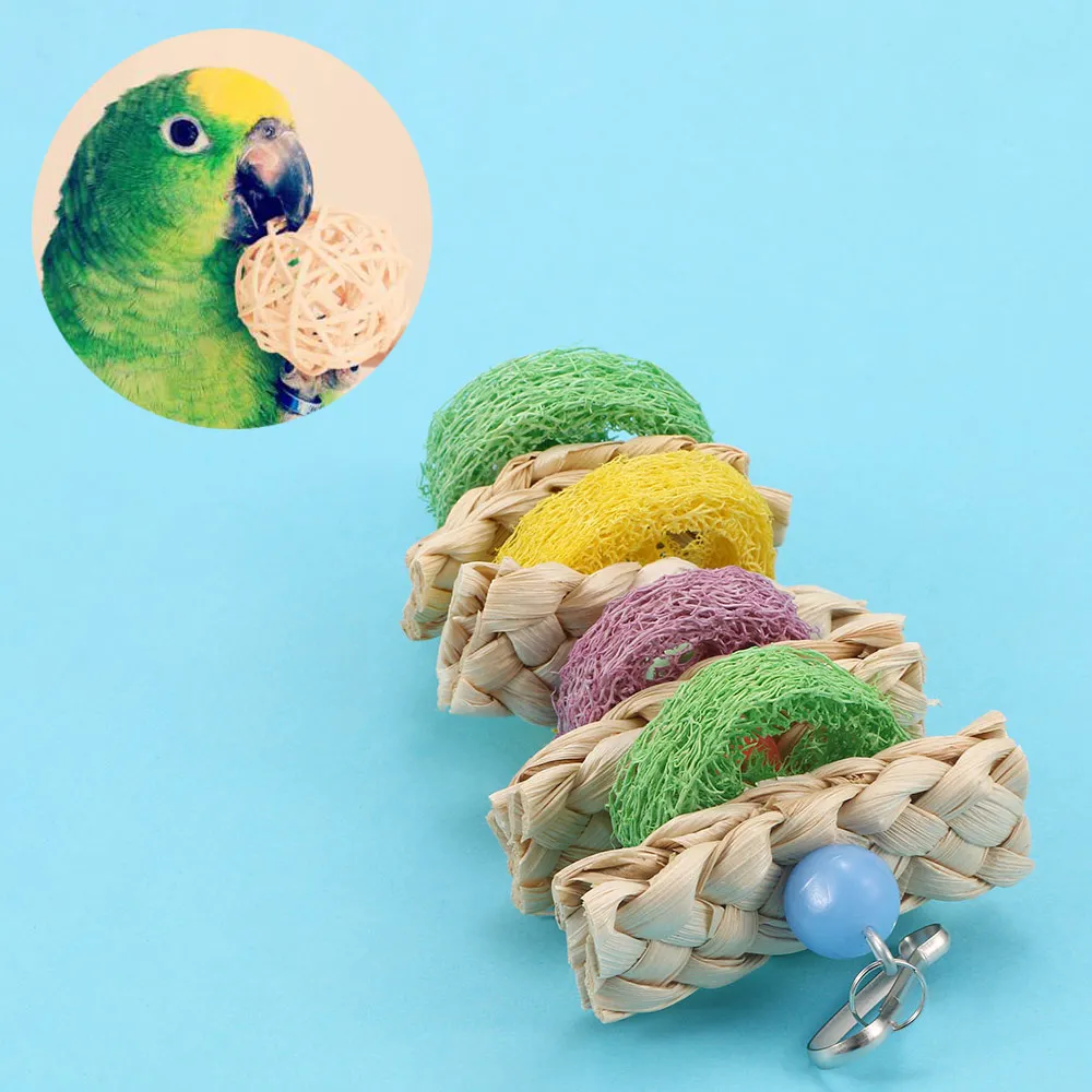 1Pcs Natural Straw Pet Bird Hanging Toys With Ball Bells Parrot Healthy