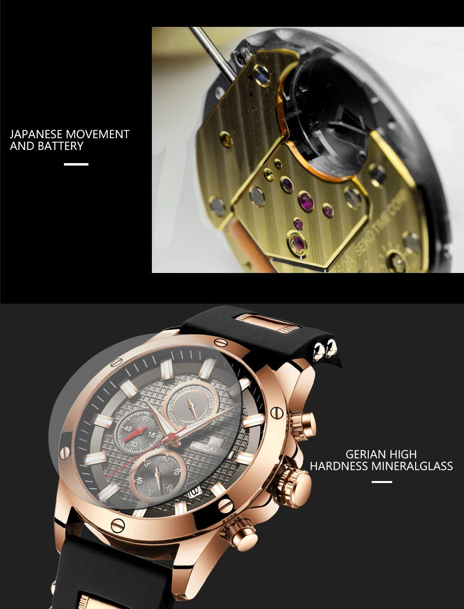 MEGALITH роскошные часы с хронографом Дата повседневное силиконовый ремешок Спортивные кварцевые мужские светящиеся часы водонепроница