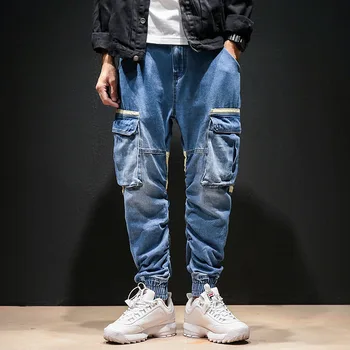 

Oversize M-5XL Streetwear Men Harajuku Pant loose colour collision stitching water-washed large pocket jean men costume trousers