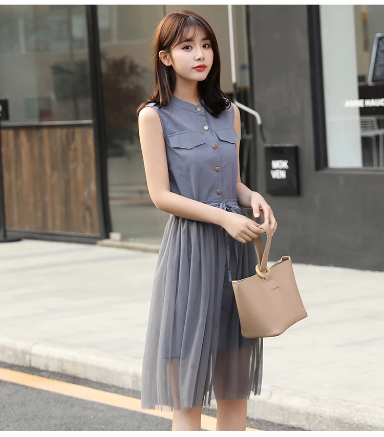 

2019 Summer Korean Design Womans Sleeveless Single Breasted Pockets Long Tops + DIY Mesh Skirt 2 Pieces Sets Women's Suits