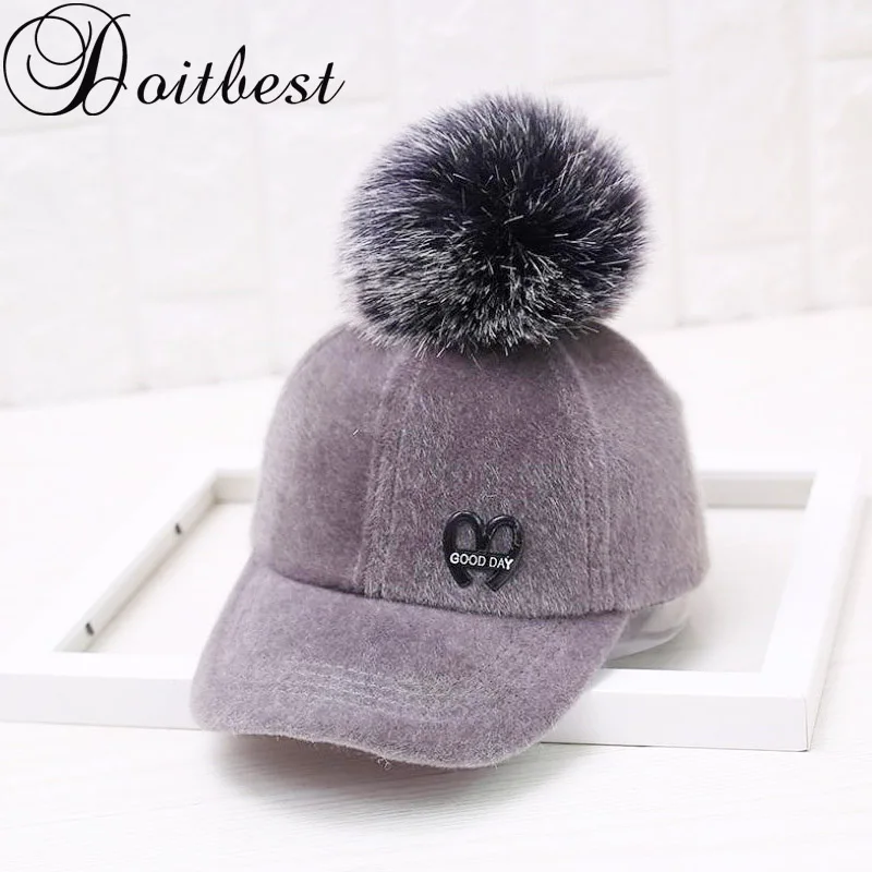 

Doitbest Parent-child caps New brand baseball caps winter hat for women Fur pompom Adjustable Casual lady's Snapback cap