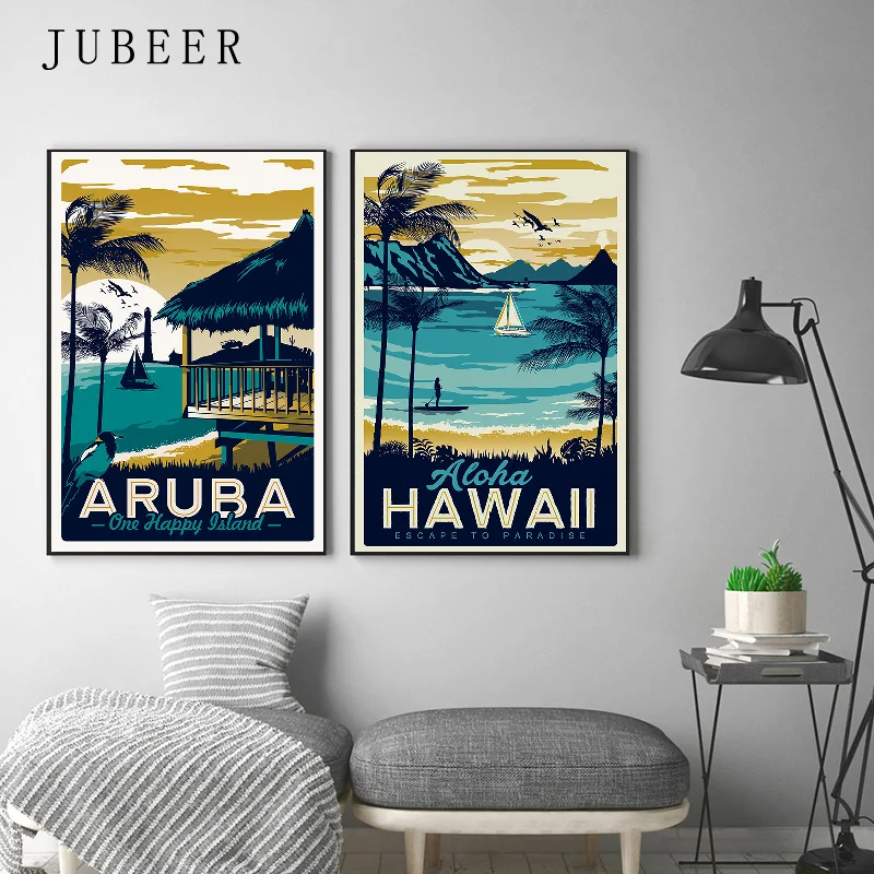 JUBEER Hawaii Aruba морской пляж пейзаж Искусство Холст Живопись ретро плакат печать