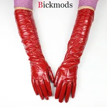 Женские Длинные запатентованные перчатки эластичные стильные красные перчатки из овчины бархатная подкладка Теплые до локтя кожаные защитные устройства для рук