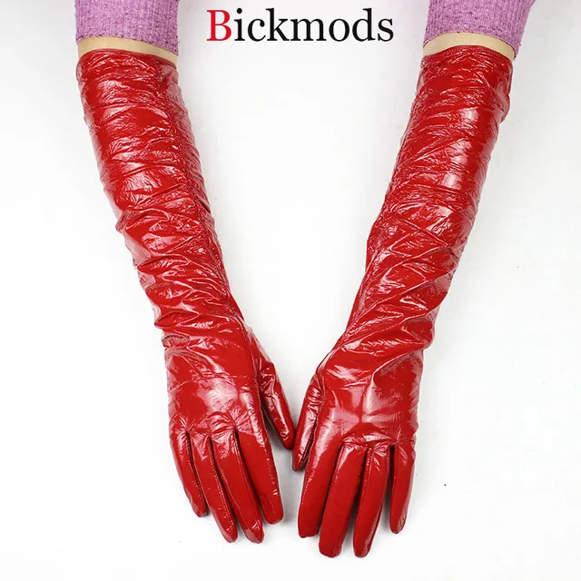 Women's Long Patented Gloves Elastic Style Red Sheepskin Gloves Velvet