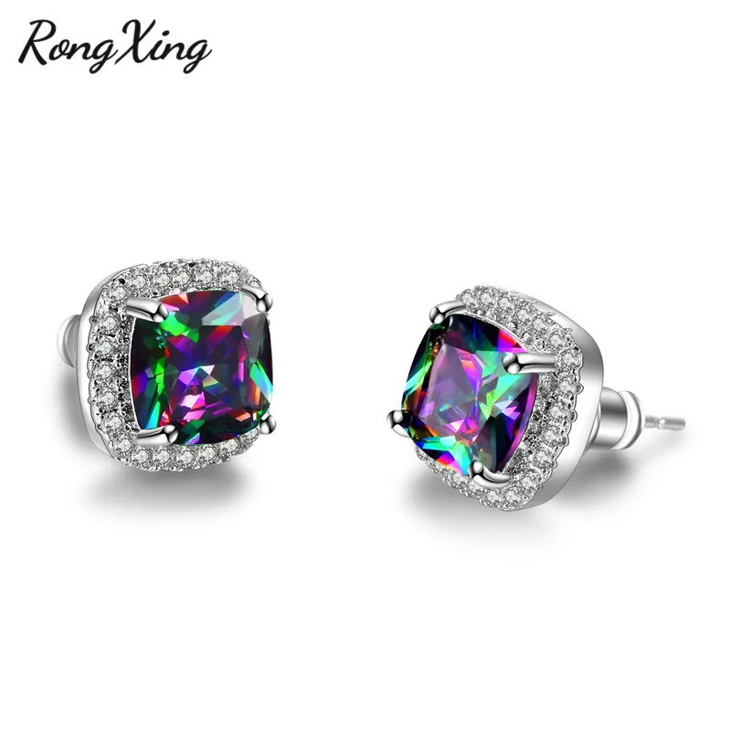 RongXing Mystic Rainbow Fire Birthstone квадратные серьги гвоздики для женщин серебристый цвет ААА