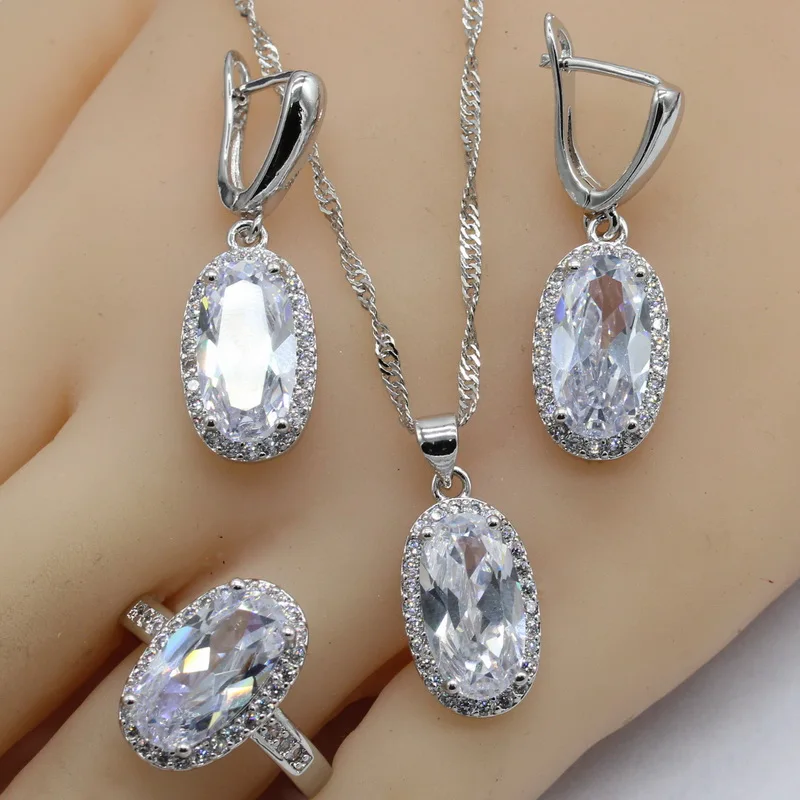 

925 Sterling Silver Wedding Jewelry Sets For Women Oval White Crystal Rings Sets For Bride Choker Ring Dangle Earrings Bracelet
