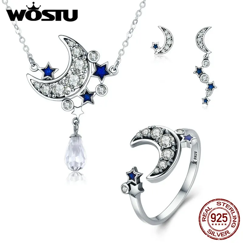 

WOSTU Authentic 925 Sterling Silver Wonderful Night Moon & Stars Jewelry Sets Bracelet Earrings Necklace For Women Best Gift