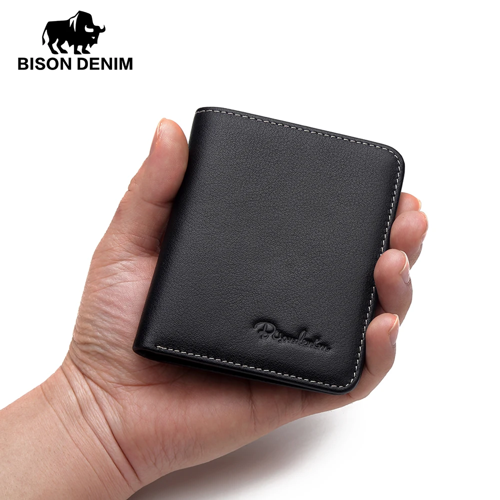 BISON DENIM Mini Wallets Mens Genuine Leather Wallet Thin Soft Purses Men Male Card Holder For