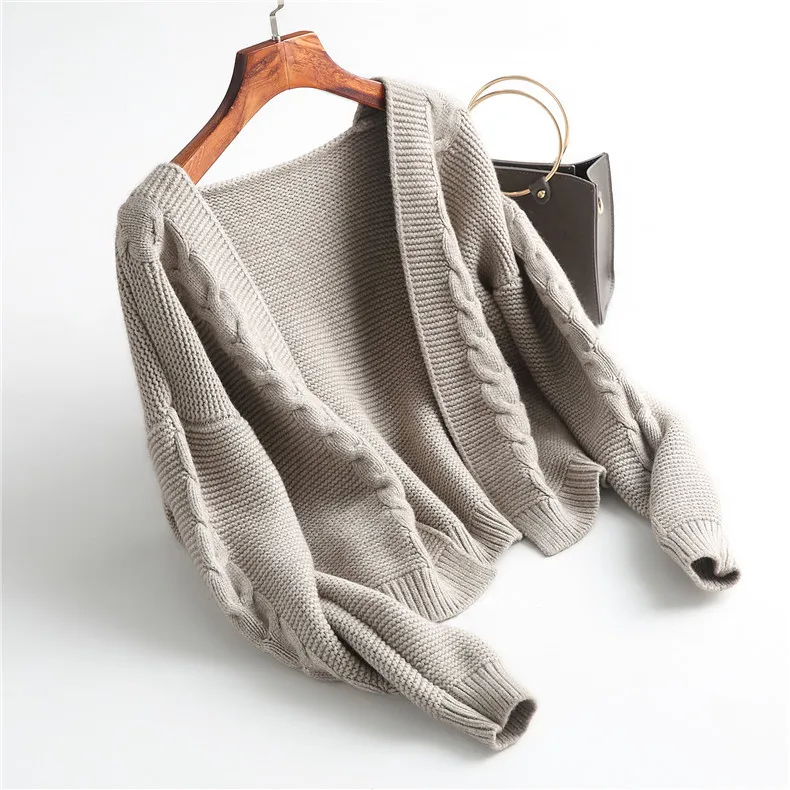 

New Women Spring Sweater 2017 Cardigan Fashion V Collar Solid Color Wool Blend Pocket Loose Knit Sweater Outwear Coat 8-9759