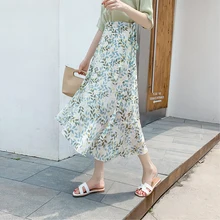Простая свежая шифоновая юбка с цветочным принтом, женская летняя кружевная гофрированная пляжная юбка с запахом, длинная юбка, Новая женская юбка рыбий хвост