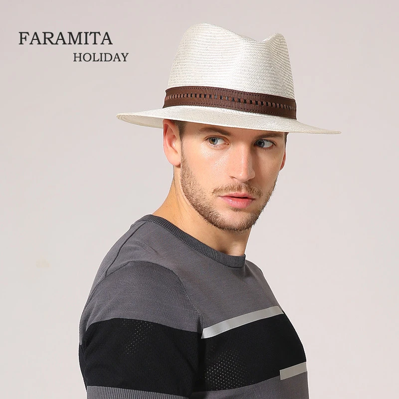 

Faramita Holiday Straw Man Summer Sun Casual White Men's Imitation Wool Solid Color Fedora Fashion Gentleman Cowboy Hat Cap Jazz