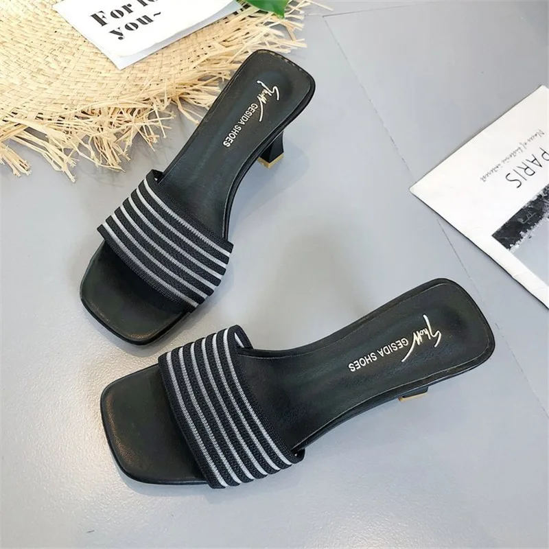 

2019 Summer Women Shoes Knitted Slippers Women Shoes Woman Fashion Peep Toe Square High Heels Slippers Female Shoes
