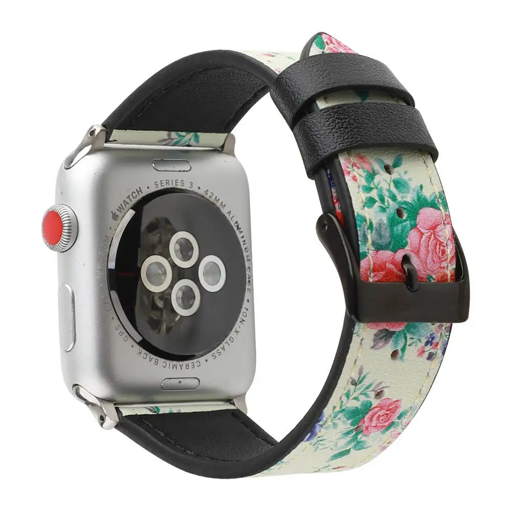 Кожаный ремешок с цветочным принтом для Apple Watch 44/40 мм 42/38 розовый браслет кожаный