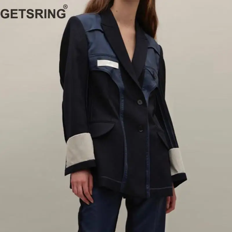 

GETSRING Ladies Blazer Jacket Patchwork Single Breasted Womens Blazers Long Sleeve Loose Split Suit Coat All Match Woman Tops