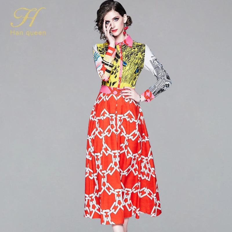 

H Han Queen Fashion Women Chains Leopard Print Dress Women 2019 New Autumn Ankle-length Long Dresses Work A-line Swing Vestidos