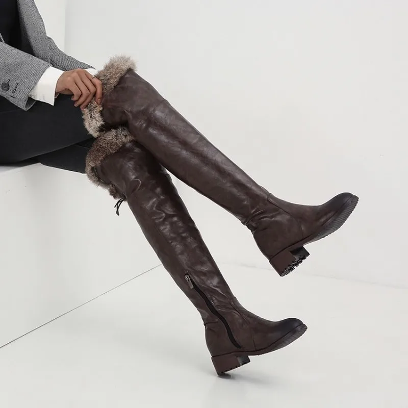 Круглый носок на среднем каблуке новая обувь на меху Женские ботинки черного цвета Ботфорты сексуальный женский осень-зима дамские сапоги до бедра MAZIAO