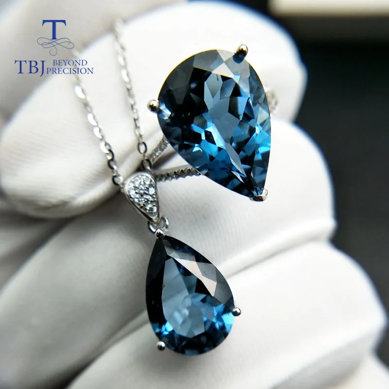 

TBJ,natural london blue topaz gemstone ring and pendant S925 silver big shiny jewelry for women daily party wear gift for wife