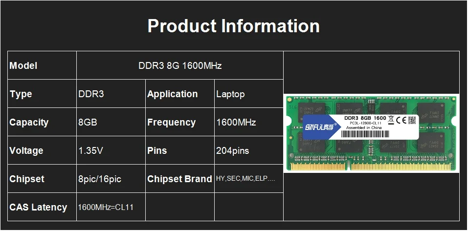 Binful бренд DDR3L 8 Гб 1600 МГц PC3-12800 1,35 в низкое напряжение CL11 SODIMM 204pin ноутбук Память Ram для ноутбука