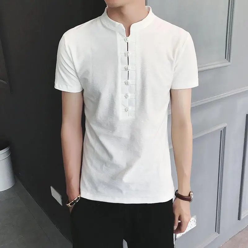 

Plus Size M-5XL Linen T Shirts Mens Clothing Unique Threshold Design Tops Tees Casual Short sleeve Men T Shirt White Khaki Black