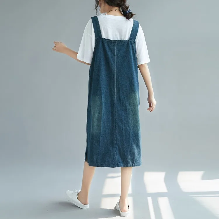 #2464 Spring Summer Denim Dresses Women Overalls Plus Size 4XL Loose Black/Blue Pockets Vintage Jeans Dress Spaghetti Strap