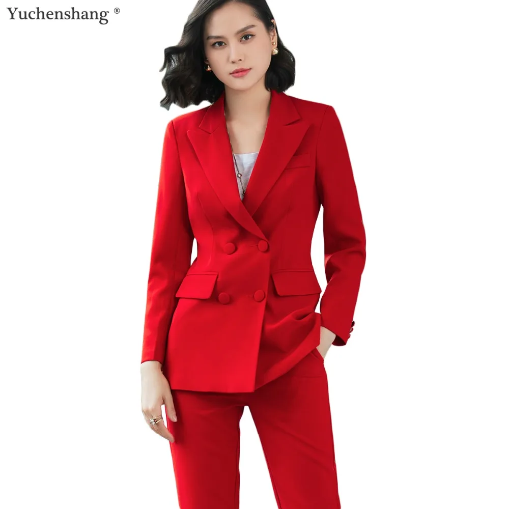 2018 New office work blazer suits of high quality OL women pants suit blazers jackets with trouser two pieces set red pink blue