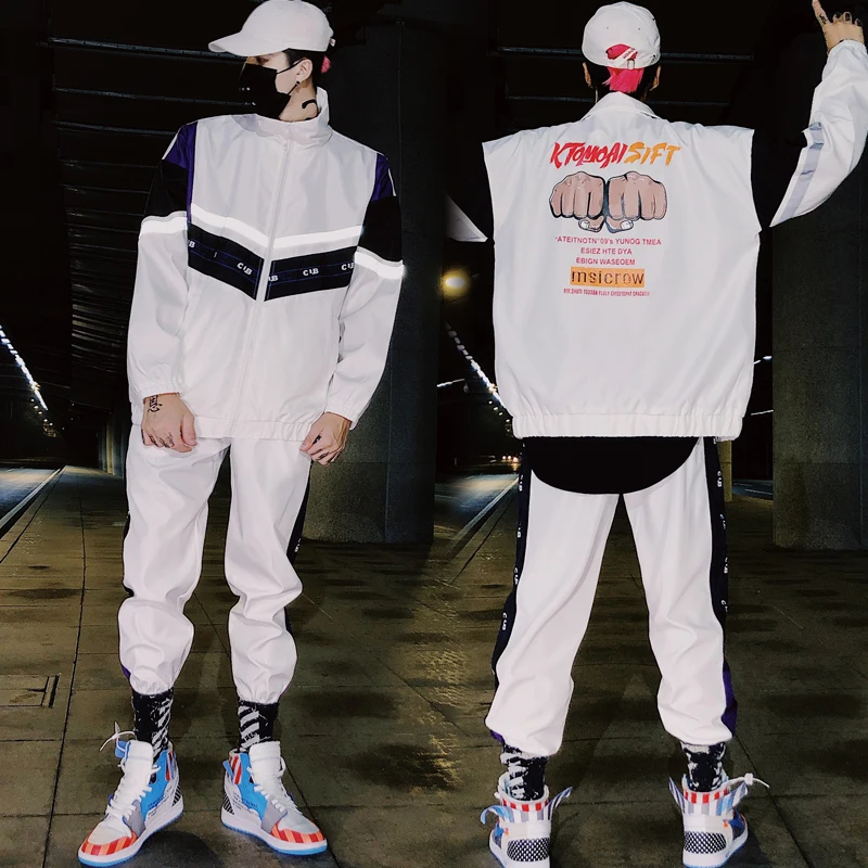 

2 Pieces Sets Men Color Block Patchwork Jacket And Loose Fit Elastic Waist Pants Hip Hop Mens Tracksuit Sweatsuits Streetwear