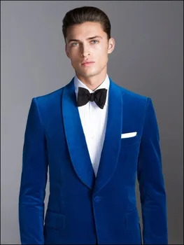 

Royal Blue Velvet Shawl Lapel Formal Custom Groom Wedding Suits For Men Slim Fit 2 Pieces Terno Latest Coat Pant Designs 2020
