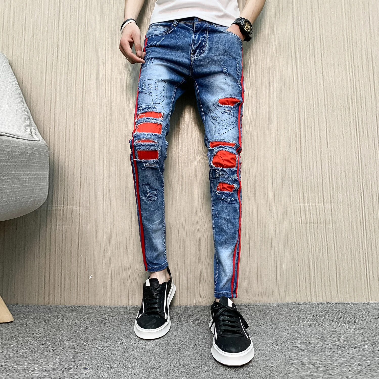 blue Весна человек джинсы Фирменная Новинка Slim Fit Повседневное джинсовые штаны-шаровары боковой полосой обтягивающие мужские джинсы джоггеры синий обтягивающие мужские джинсы - Цвет: blue