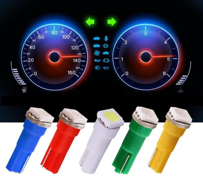 

10pcs T5 1 SMD Yellow / Pure White/RED /Blue /Green Wedge panel LED Car Light Bulb Lamp 74 trace led car bulbs interior 12V car