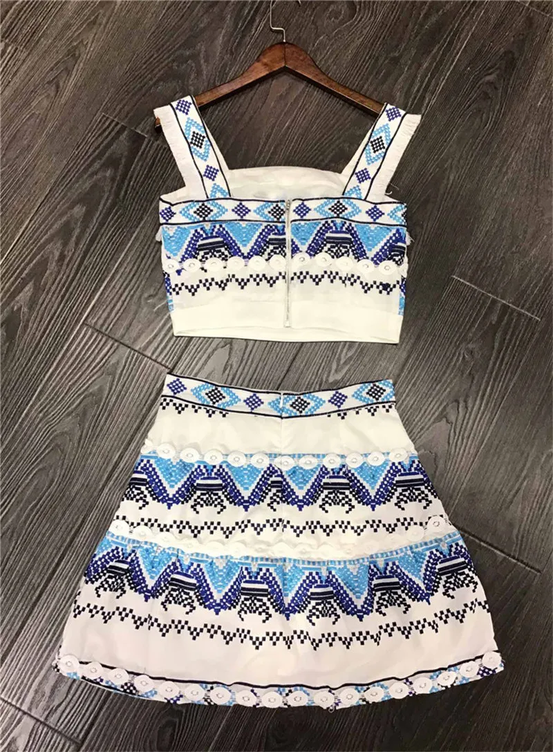 Runway Designer Floral Printed Two Piece Set 2019 Summer Sweet White Embroidery Patchwork Top Short 2 piece outfits women (2)