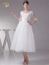 Jeanne Love New Arrival Short A Line Wedding Dresses 2019 Tea Length Lace Beading Sleeves Bridal