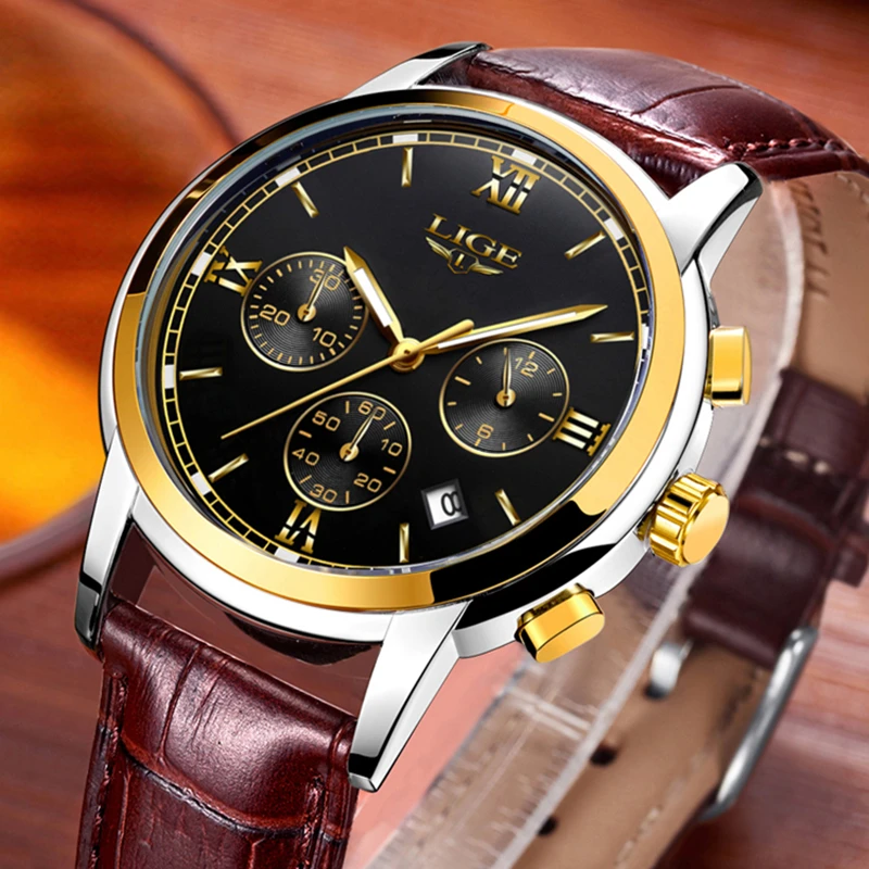 

LIGE Mens Watches Top Brand Luxury Leather Casual Quartz Watch Men Military Sport Waterproof Chronograph Watch Relogio Masculino