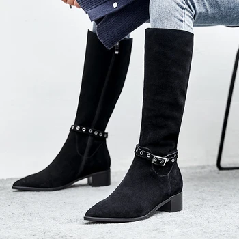 

Women's winter flats knee high boots ankle buckle balck slim knight boots high quality female long boots warm plush boots shoes