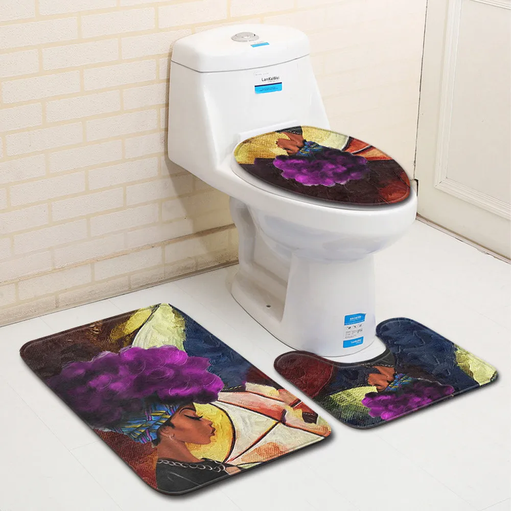 New 3pc Bath Mats African Women With Purple Hair Skidproof Toilet Seat ...