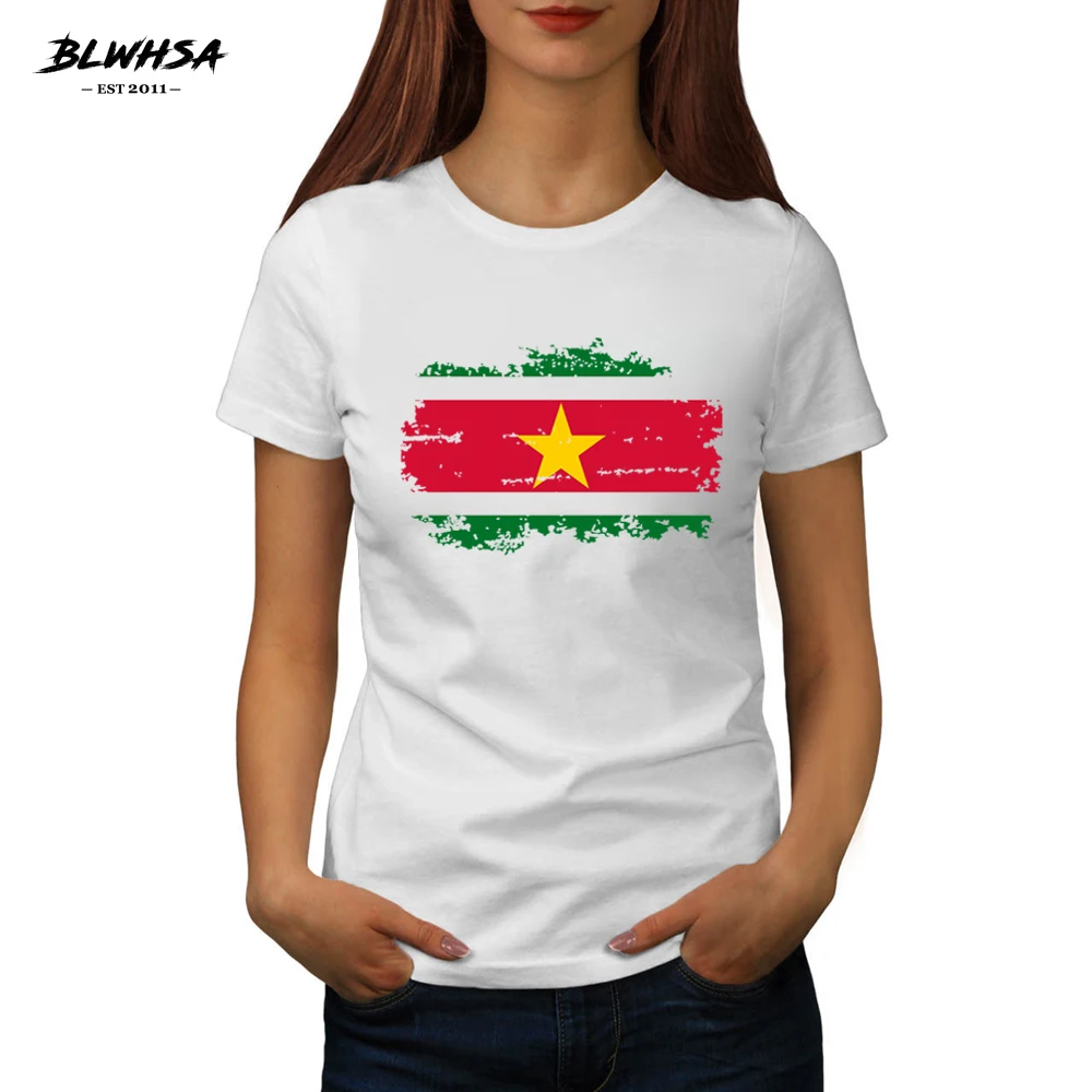

BLWHSA New Suriname Flag Printed T shirt Women Casual Summer Short Sleeve Brand T-shirts Suriname National Flag Girls Tees