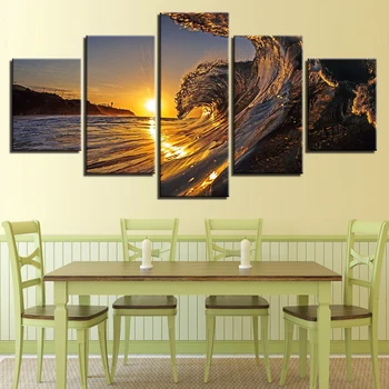 

Tableau Wall Art Pictures Modular Posters Canvas Frame 5 Panel Sunrise Sea Wave Landscape Home Decor Modern HD Printed Paintings