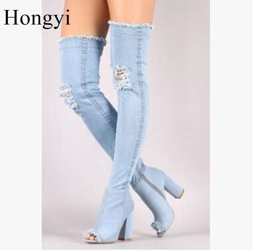 Hongyi Runway denim blue over the knee boots sexy open toe high heel boots woman Ripped jeans thigh high booty ripped high low denim hooded dress