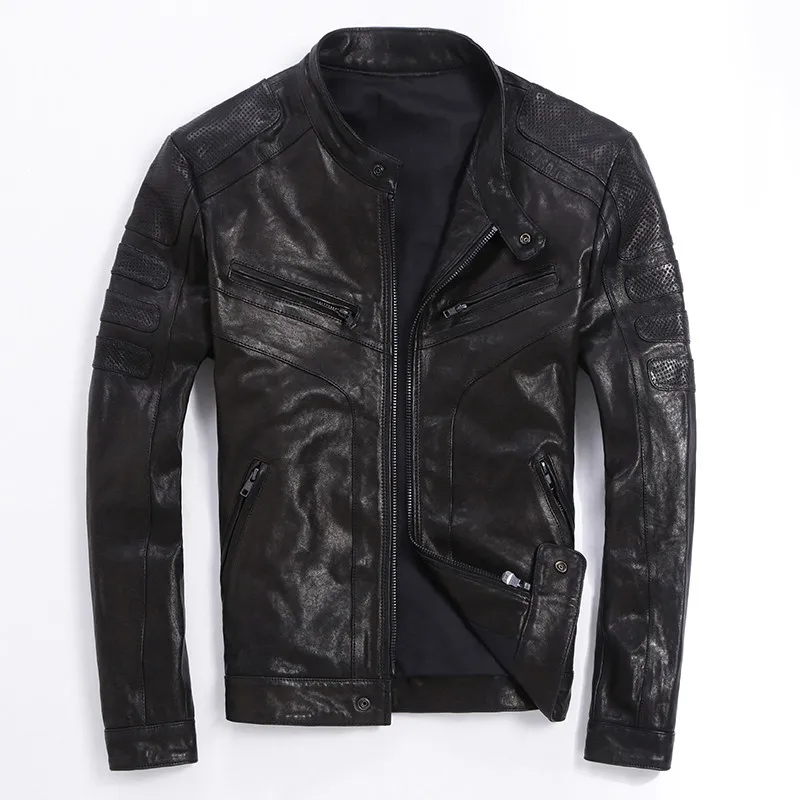 2018 Men&#39;s fashion tight fit genuine leather jacket real sheepskin stylish biker jacket men ...