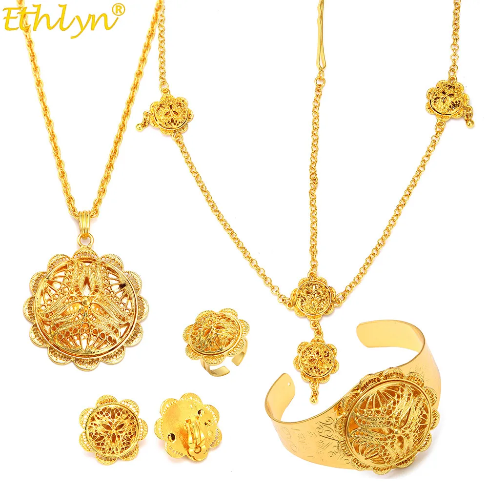 

Ethlyn Wholesale Elegant Round Hollow Flower Shape Gold Color Wedding Chain Linked Necklace Ethiopian Jewelry Sets S322