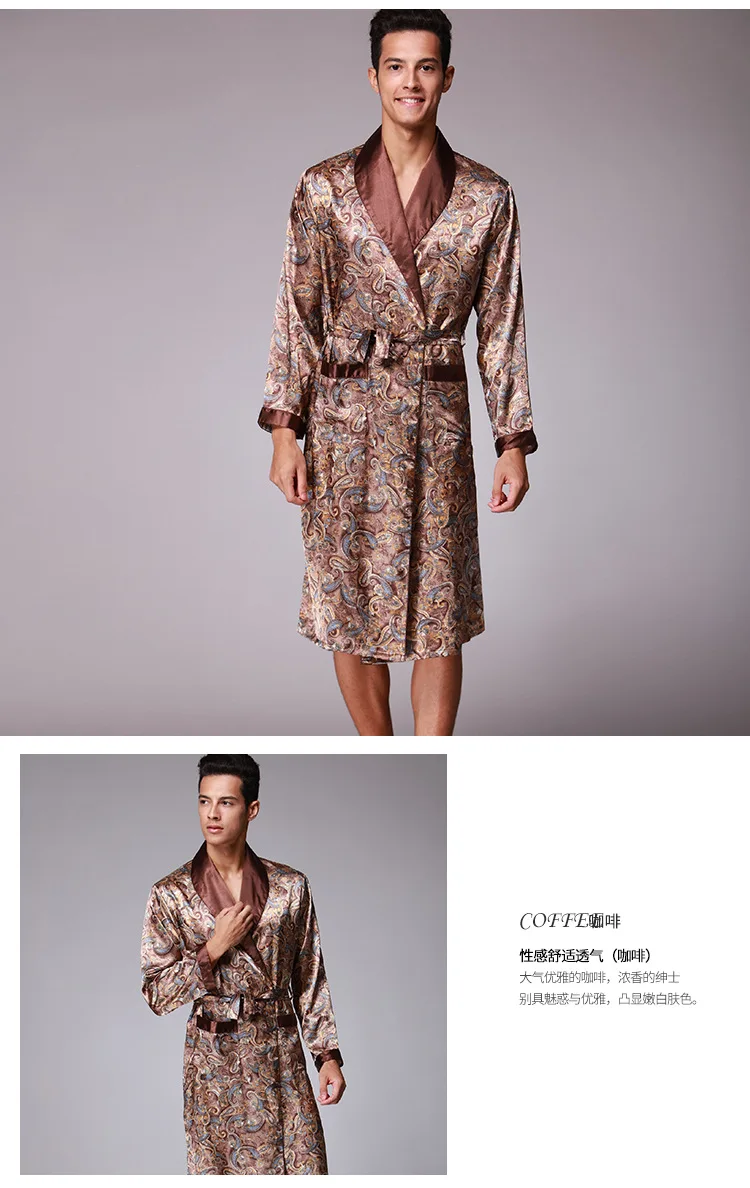 Весна Лето Осень Новый роскошный принт шелковый халат мужской халат кимоно банное платье мужские шелковые халаты