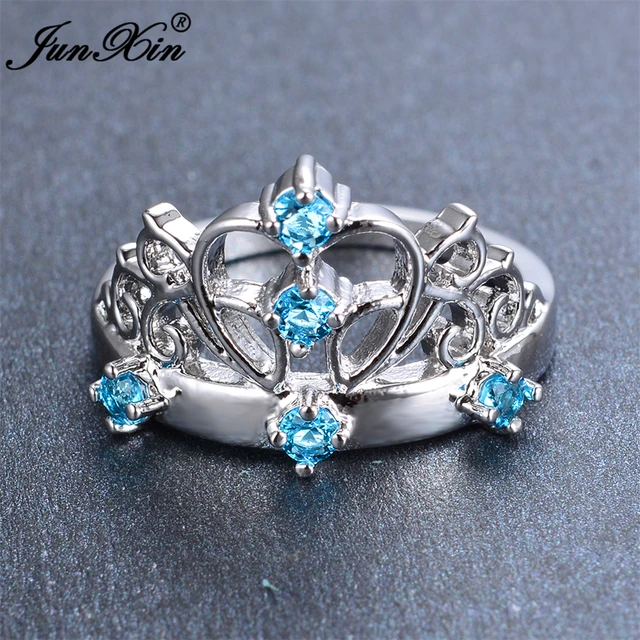 JUNXIN Male Female Light Blue Crown Ring Fashion White Gold Filled