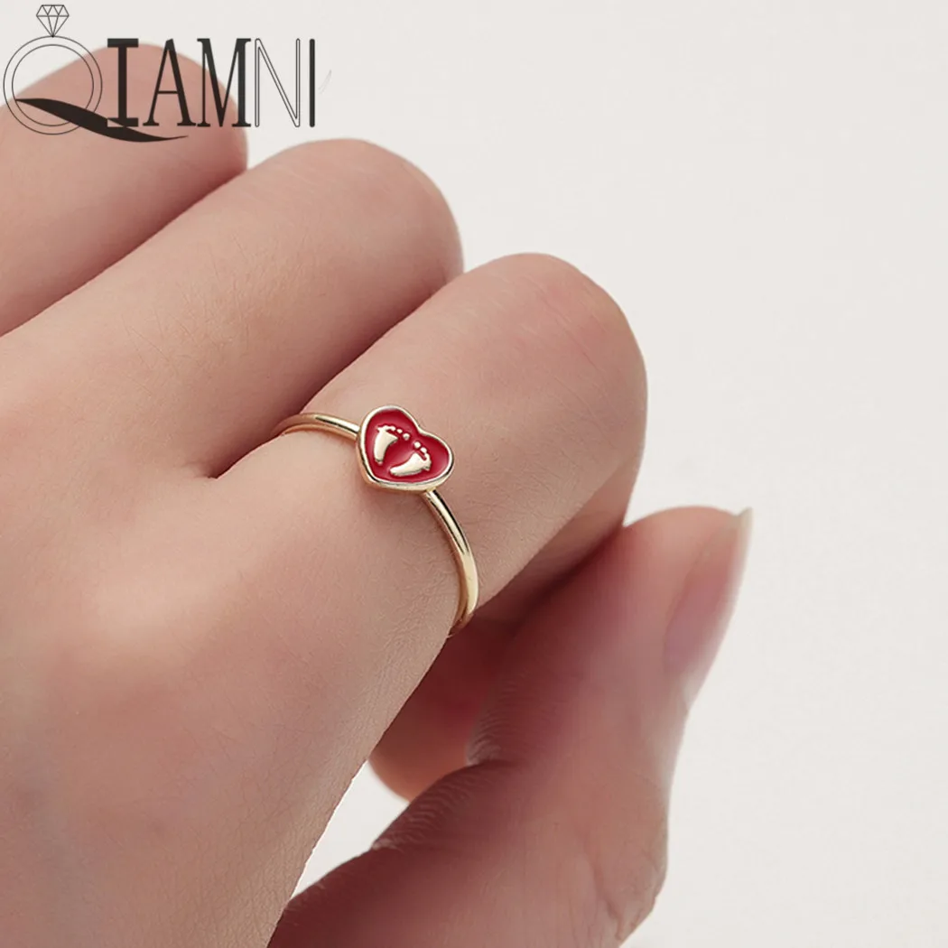 

QIAMNI Trendy Cute Baby Footprint Finger Rings for Women Girls Creativity Red Love Heart Knuckle Ring Party Birthday Gift Bague