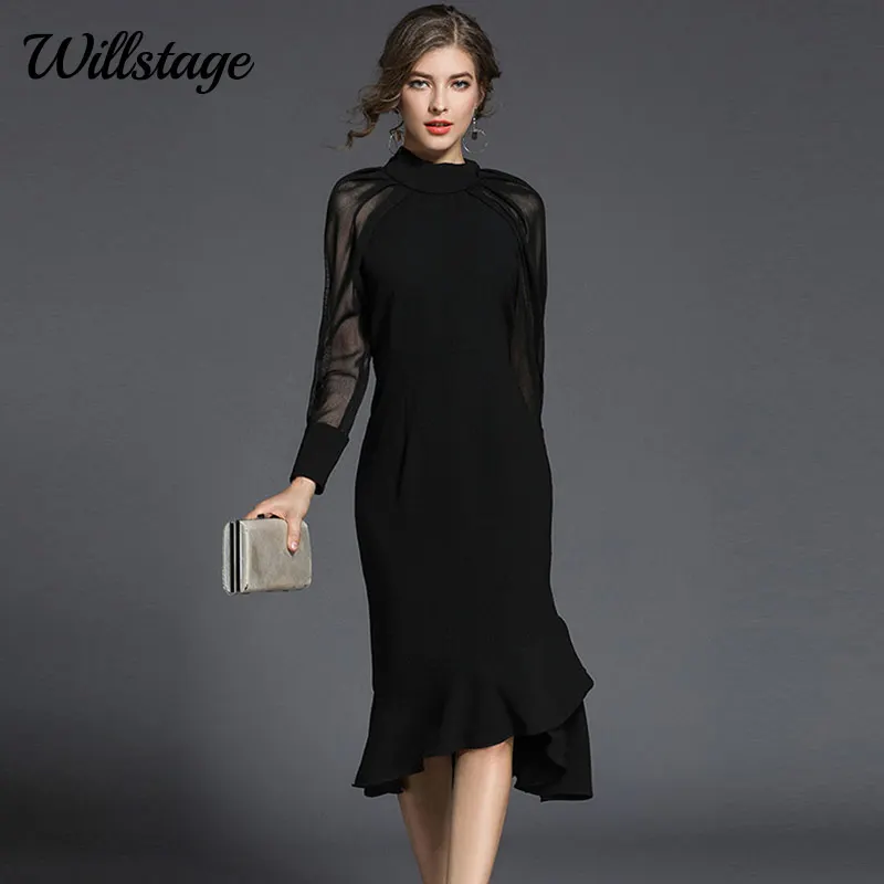 Женское винтажное шифоновое платье Willstage черное Сетчатое до середины икры с