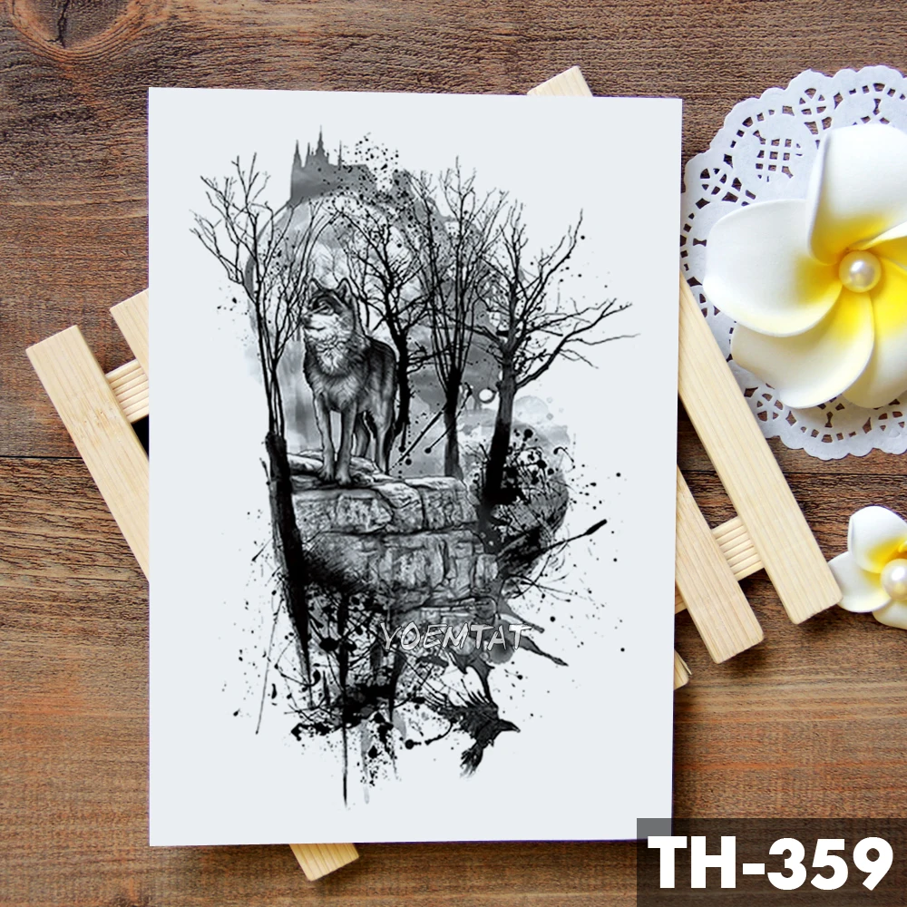 Tribal Wolf Moon Pine Tree Temporary Tattoo Sticker Fox Waterproof Tattoos Forest Body Art Arm Fake Tatoo Men Women Tribal Wolf Moon Pine Tree Temporary Tattoo Sticker Fox Waterproof Tattoos Forest Body Art Arm Fake Tatoo Men Women