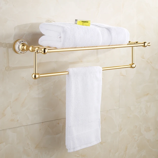 Buy Gold Bathroom Towel Rack Shelf with Bar Wall Mount