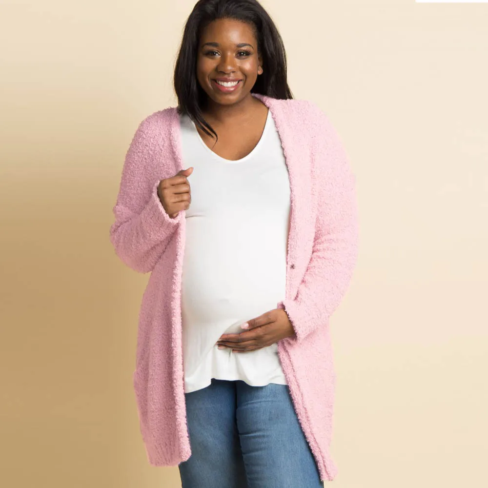 Беременных Для женщин кормящих плюшевые пальто; женская верхняя одежда с длинным рукавом однотонные кардиган с карманами; куртка из хлопка, розовый, светло-розовый Повседневное пальто; сезон осень